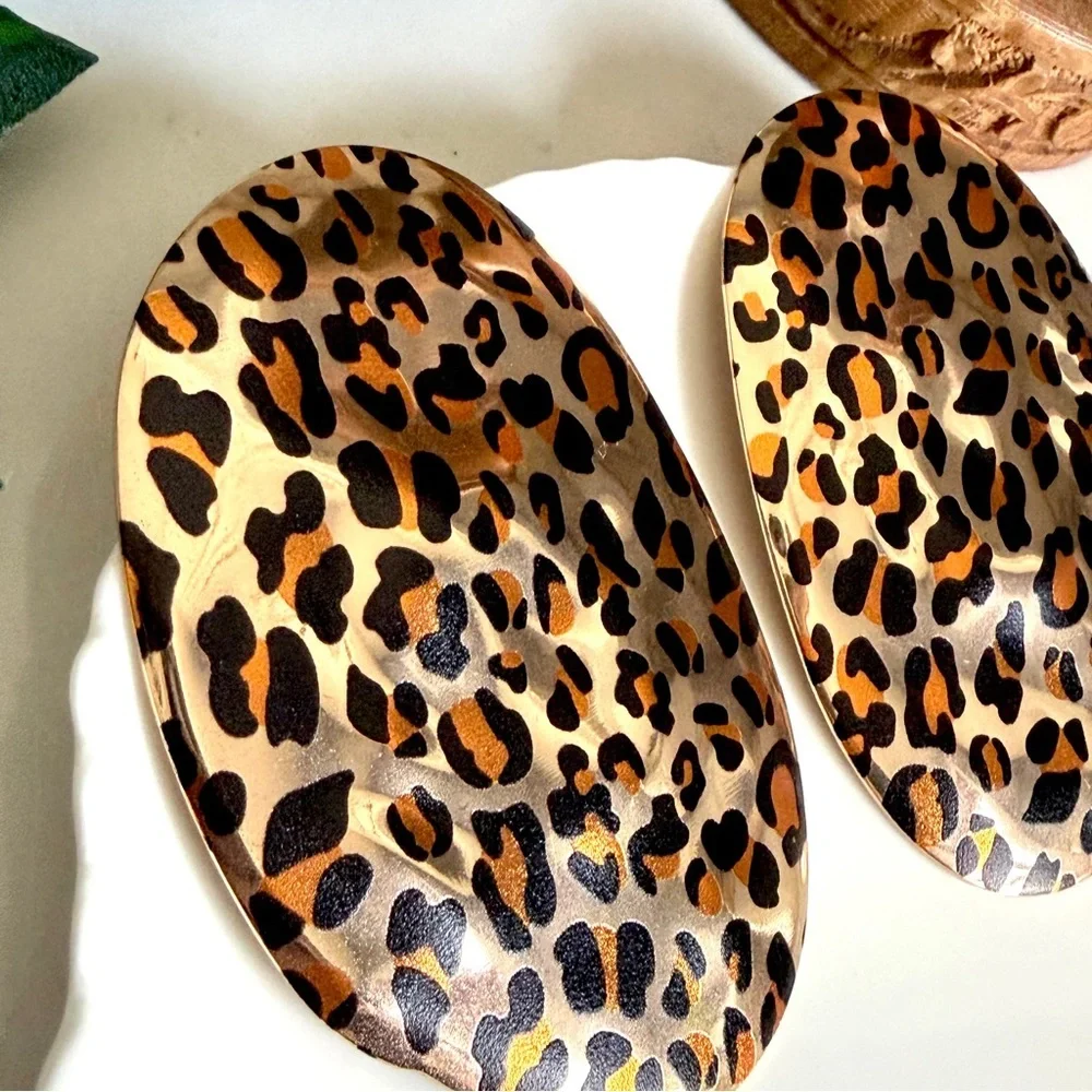 2/$30🌵 Animal Print Cheetah Leopard Jumbo Oval Gold Tone Earrings Boho Gift NEW